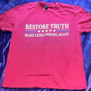 Restore Truth Make Lying Wrong Again Red Graphic T-Shirt (Men’s XL)